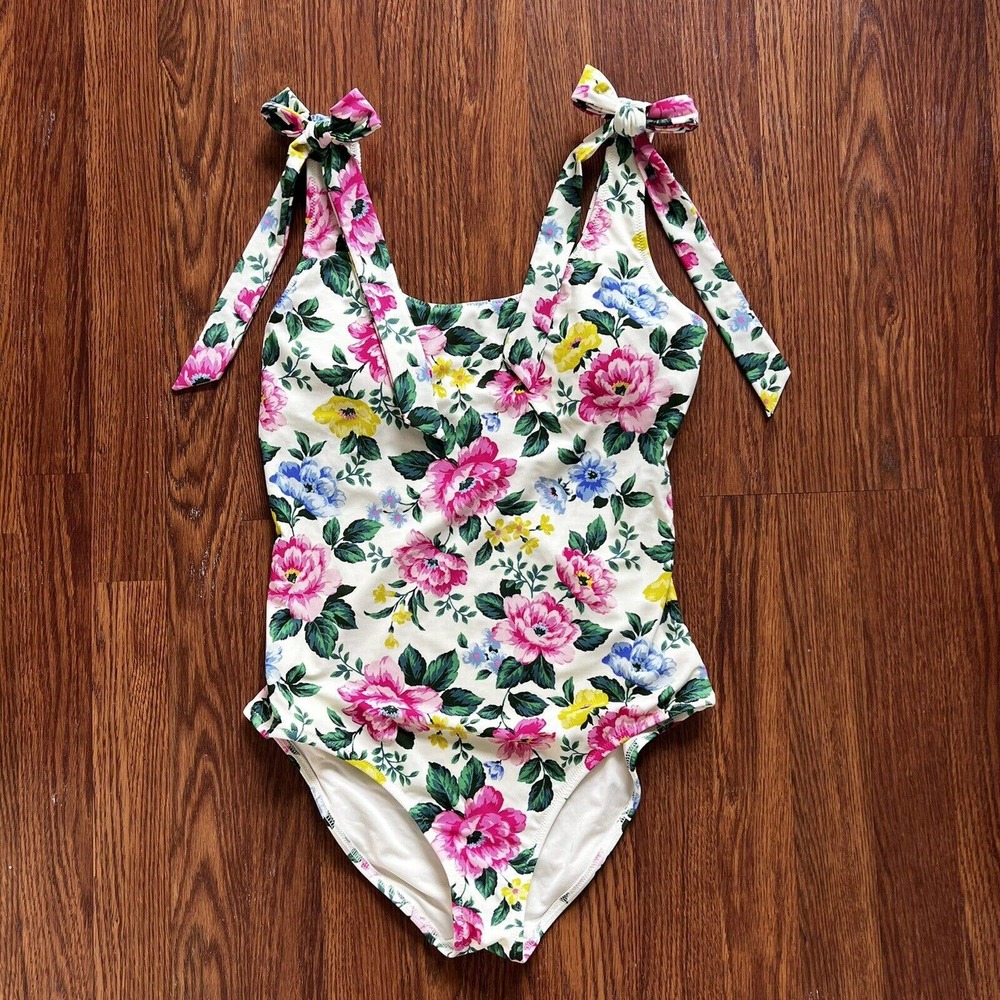 Aerie One Piece Swimsuit Size Medium Long White Floral Bow Strap Full Coverage
